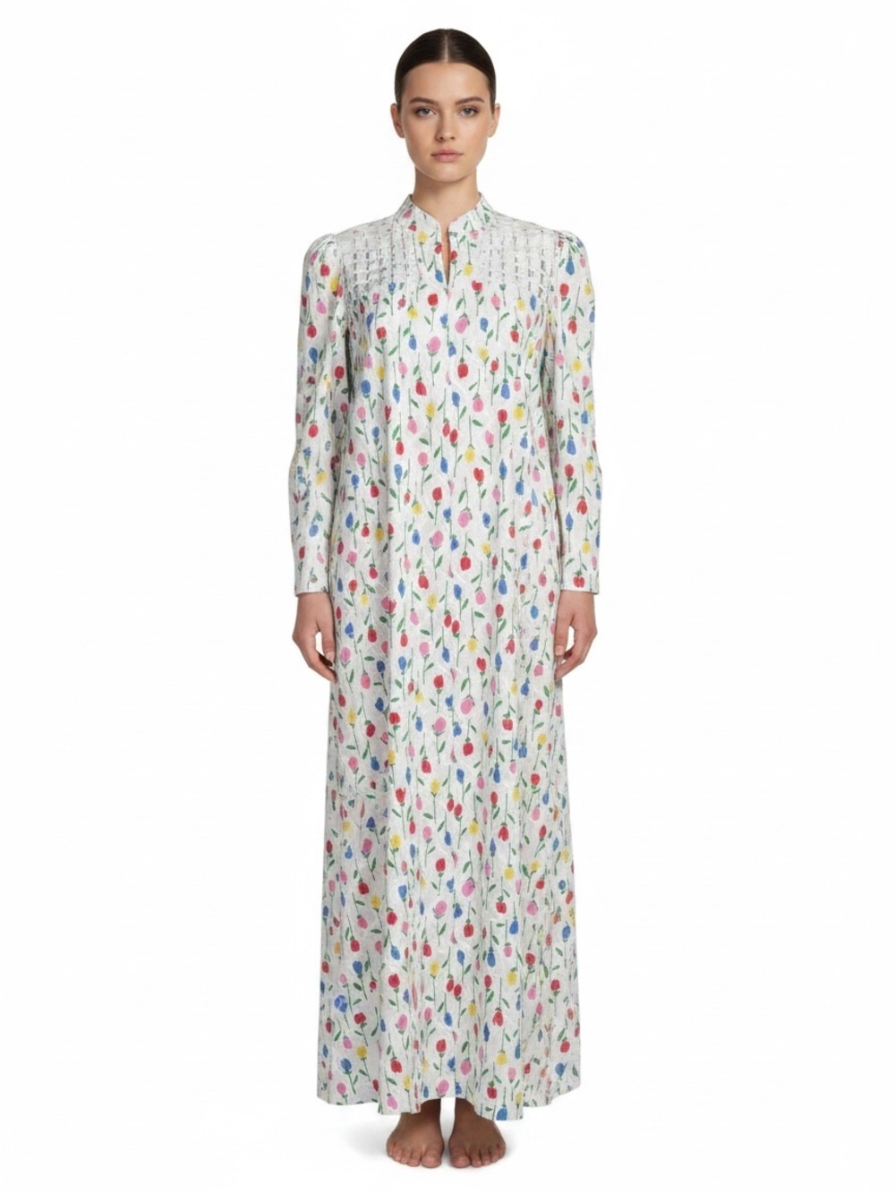 VTG 70s David Brown Saks Fifth Avenue White Floral 1/4 Zip House lounge Dress